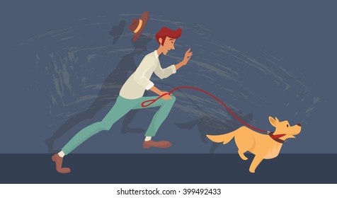 man running after the dog. With his head flew off the hat . A dog with his tongue hanging out . Textured wall with the background.  Vector cartoon illustration