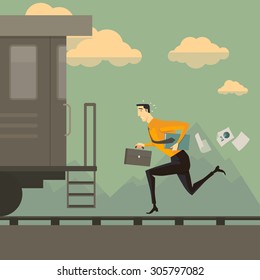 Man Running After The Train. Business Success Concept Conquering Adversity Overcoming Leadership Challenge Aspiration Ambition Motivation Hurry Up, Vector Illustration.