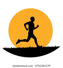 Hombre que corre contra el fondo de la Ilustración vectorial plana del sol en forma de un logotipo o de un icono