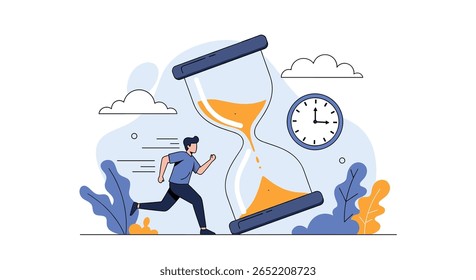 Man Running Against Time Against Massive Hourglass and Clock Illustration Represents Urgency And Deadlines
