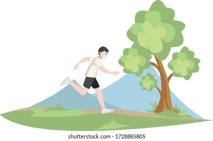 A man running alone outside while using medical mask