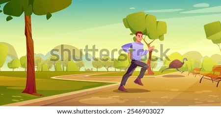 Man running along park pathway chasing emu. Cartoon scene with lush greenery, wooden benches, curved trail and sunrise sky. Humorous illustration of summer outdoor pursuit between jogger and bird.