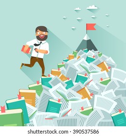 Man running up along stairs of books, concept of education, learning, personal development, successful career start. Vector colorful illustration in flat design