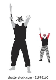man running amok,   two color versions illustration