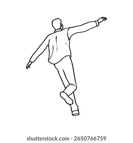 man running with arms outstretched in flowing shirt, back view - hand drawn line art