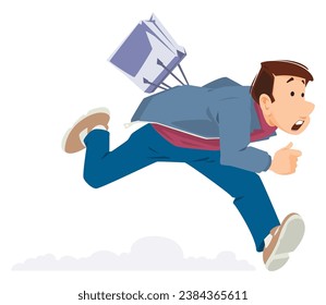 Man is running around shops. Funny people. Illustration concept template for website, web landing page, banner, presentation, promotion or print media.
