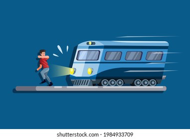 Man Running Avoiding Being Hit By A Train Scene Concept In Cartoon Illustration Vector