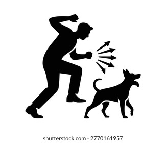 Man Running Away from Angry Dog - Black Silhouette Vector Illustration of Person Escaping Aggressive Dog