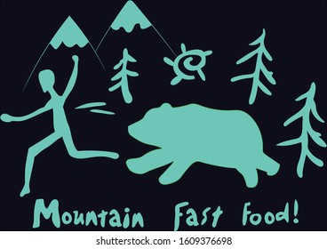 
Man running away from a bear in the mountains, vector graphics
