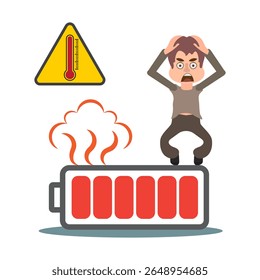 Man is running away from a burning battery. The concept of poor battery quality.