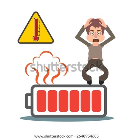 Man is running away from a burning battery. The concept of poor battery quality.