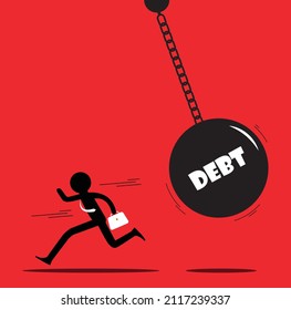 Man running away from debt burden. Debt fear concept vector illustration. 