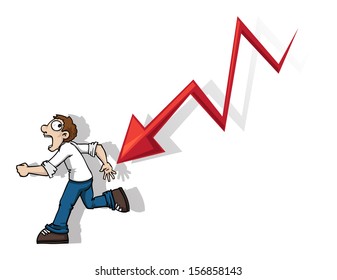 Man running away from a declining chart arrow, vector illustration