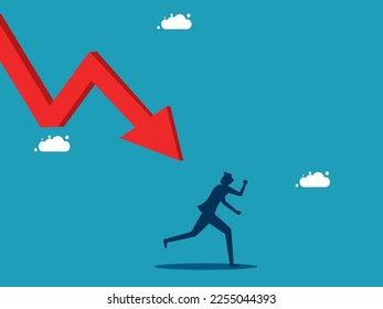 man running away from the downtrend graph. Escaping from the crisis. vector illustration