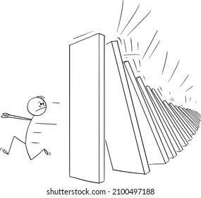 Man running away from falling domino effect pieces, vector cartoon stick figure or character illustration.