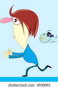 A man is running away from a flying globe  	