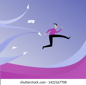 Man running away from information stream pursuing him. Digital Information overload concept. Escape from city. Mail spam, communication overdose flat illustration.