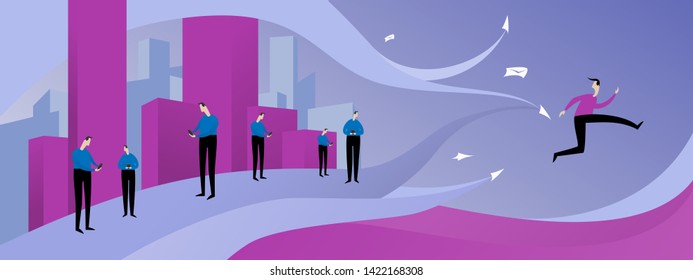Man running away from information stream pursuing him. Digital Information overload concept. Escape from city. Mail spam, communication overdose flat illustration.
