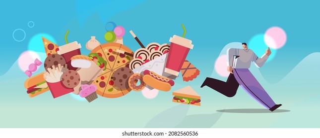 Man Running Away From Junk Food Assortment Of Fast Food Unhealthy Nutrition Junkfood Addiction Concept Horizontal