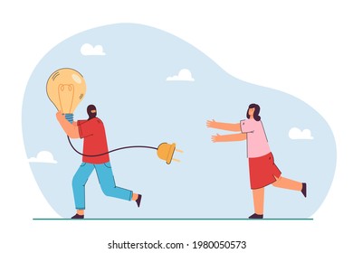 Man running away with stolen idea symbolized by light bulb. Man stealing light bulb from woman. Female character chasing thief in mask. Idea theft concept for banner, website design or landing page