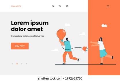 Man running away with stolen idea symbolized by light bulb. Man stealing light bulb from woman. Female character chasing thief in mask. Idea theft concept for banner, website design or landing page