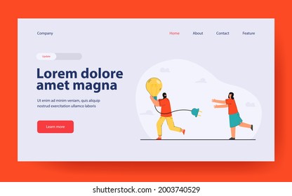 Man running away with stolen idea symbolized by light bulb. Man stealing light bulb from woman. Female character chasing thief in mask. Idea theft concept for banner, website design or landing page