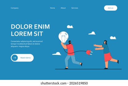 Man running away with stolen idea symbolized by light bulb. Man stealing light bulb from woman. Female character chasing thief in mask. Idea theft concept for banner, website design or landing page