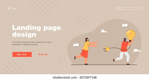 Man running away with stolen idea symbolized by light bulb. Man stealing light bulb from woman. Female character chasing thief in mask. Idea theft concept for banner, website design or landing page
