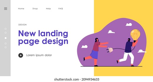 Man running away with stolen idea symbolized by light bulb. Man stealing light bulb from woman. Female character chasing thief in mask. Idea theft concept for banner, website design or landing page