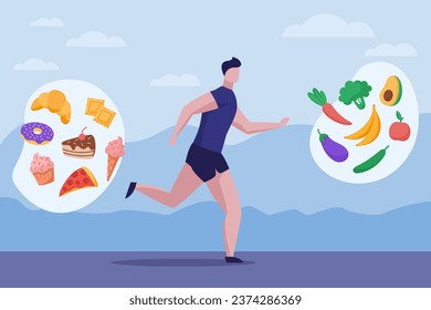 Man running away from sweets and desserts vector illustration. Male athlete exercising and choosing healthy food, vegetables and fruits to lose weight. Health care, food, sport concept