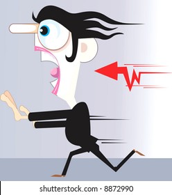 A man running away from a symbol of arrow  	