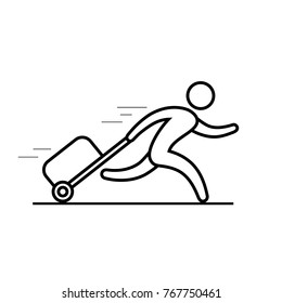 Man is running with a bag, hurrying to the transport, outline icon. Vector line illustration.