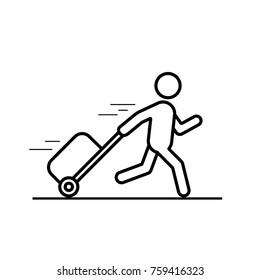 Man is running with a bag line icon, hurrying to the transport. Vector outline illustration.