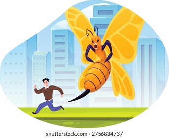 A man is running from a bee monster that wants to sting him against the background of a city. Alien creature scary insect monster attack. Creepy dangerous fantasy pest bug vector flat illustration