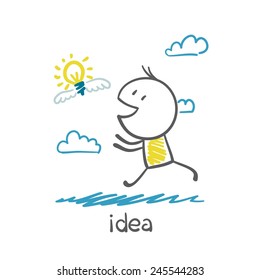 man running behind the idea bulb illustration