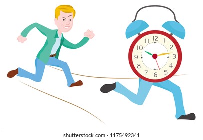 Man running behind a very fast running clock trying to catch time
