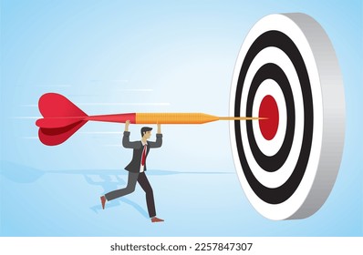 Man running with big dart arrow, aiming to bull´s eye. Vector illustration.