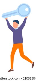 Man running with big key. Solution idea concept