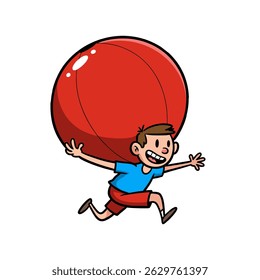 man running with a big red ball