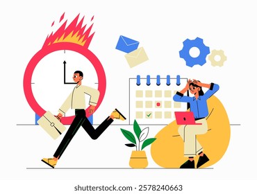 Man Running With Briefcase And Woman Stressed With Laptop In Flat Vector Illustration Symbolizing Time Management, Deadlines, And Work Pressure, Isolated On White Background