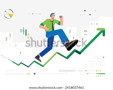 Man running up a business chart arrow graphic that goes upwards grows career vector illustration flat