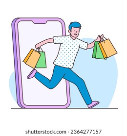 Man running for buying from online shop flat illustration