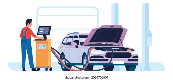 Man Running Car Diagnostics At Service. Worker Checking Vehicle