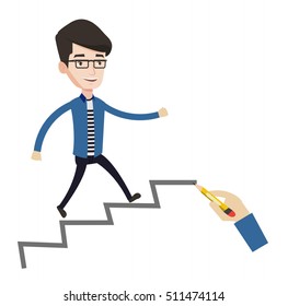 Man running up the career ladder drawn by hand with pencil. Happy businessman climbing the career ladder. Concept of business career. Vector flat design illustration isolated on white background.