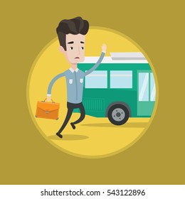 Man Running To Catch Bus. Caucasian Man Running For Outgoing Bus. Guy Chasing A Motorbus. Latecomer Man Running To Reach A Bus. Vector Flat Design Illustration In The Circle Isolated On Background.