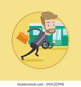 Man Running To Catch Bus. Caucasian Man Running For Outgoing Bus. Guy Chasing A Motorbus. Latecomer Man Running To Reach A Bus. Vector Flat Design Illustration In The Circle Isolated On Background.