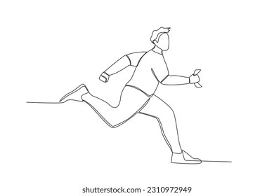 A man running to catch the train departure. Train station activities one-line drawing