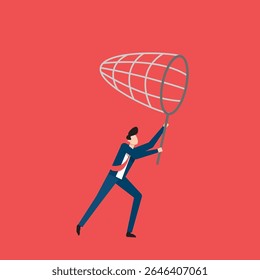 Homem correndo com rede pegando no fundo vermelho brilhante demonstrando determinação e energia. Ilustração do vetor de caracteres do homem de negócios