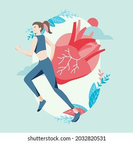 Man running character healthy lifestyle with heart cardiologist. Healthcare and medical concept. Hand draw style. Vector illustration.