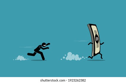 Man running and chasing after a run away money. Vector illustration concept of money obsession, impatient, and greedy. 
